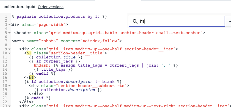 shopify edycja kodu język edytora motywu, aby zmienić tagi nagłówków na stronie
